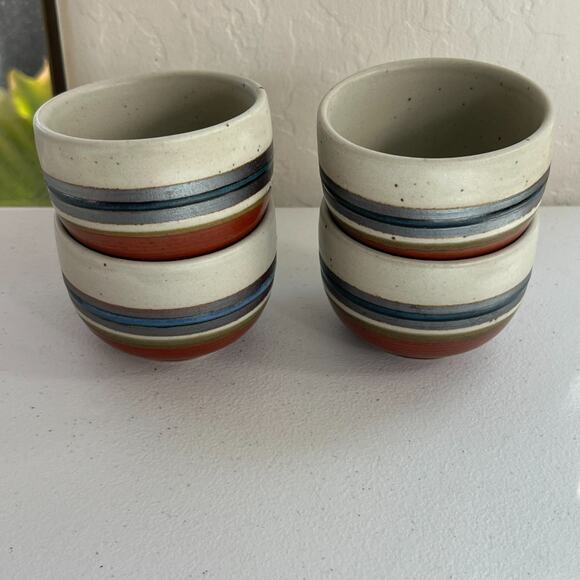 Unbranded Speckled Stoneware Ceramic Tea Cups Japan Set of 4 Blue Stripe 3" - Picture 2 of 14